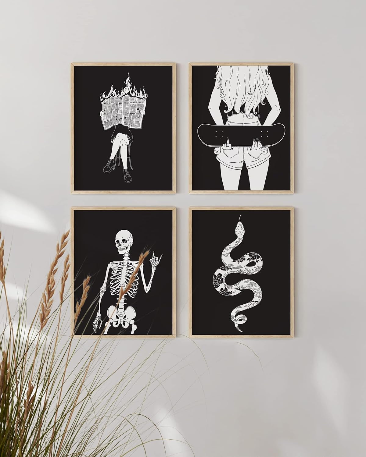 Gothic Wall Decor Set of 4 - Spooky Skeleton Art for Halloween & Black Party Decor (11x14, Unframed)