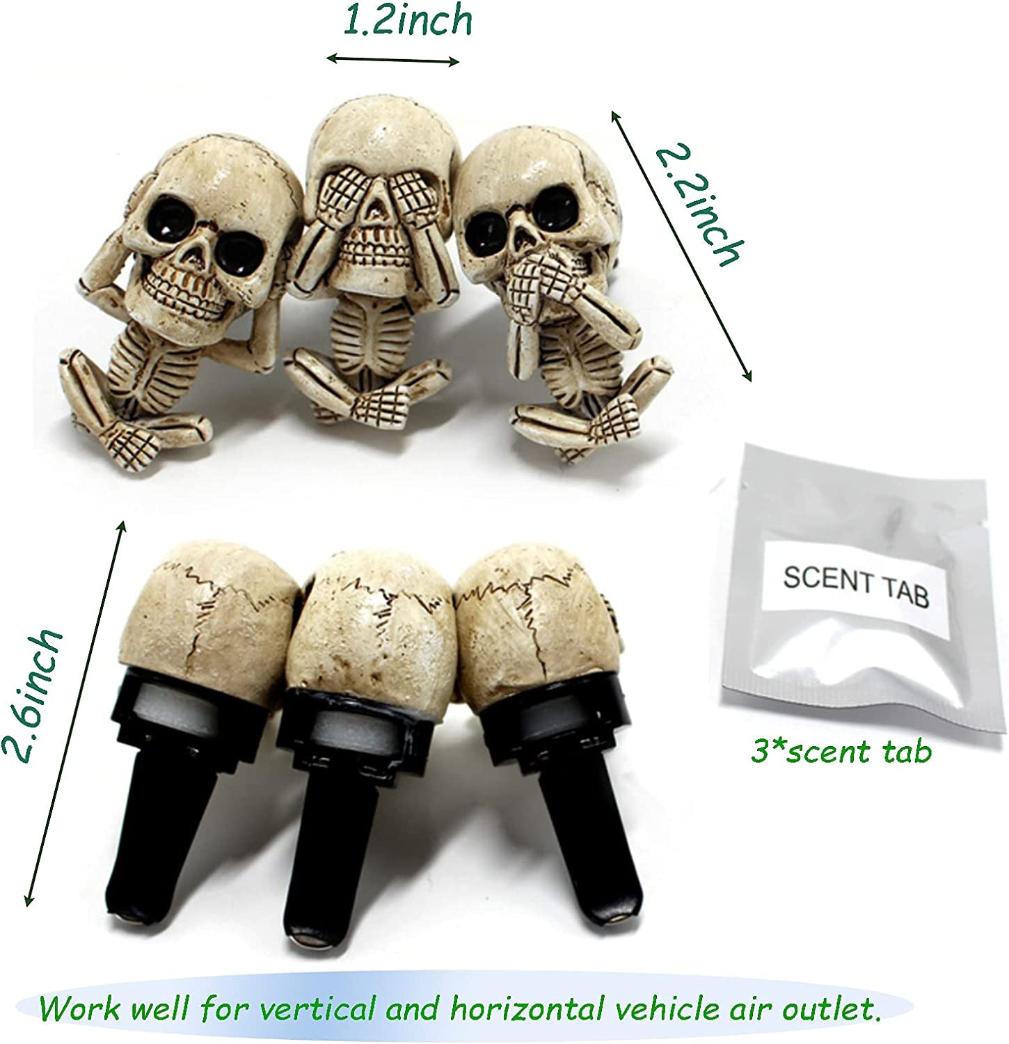 Skull Car Air Freshener Clips - 3 Pack Decorative Vent Accessories for Aromatherapy & Unique Gifts for Men/Women - Perfect for Thanksgiving & Christmas!