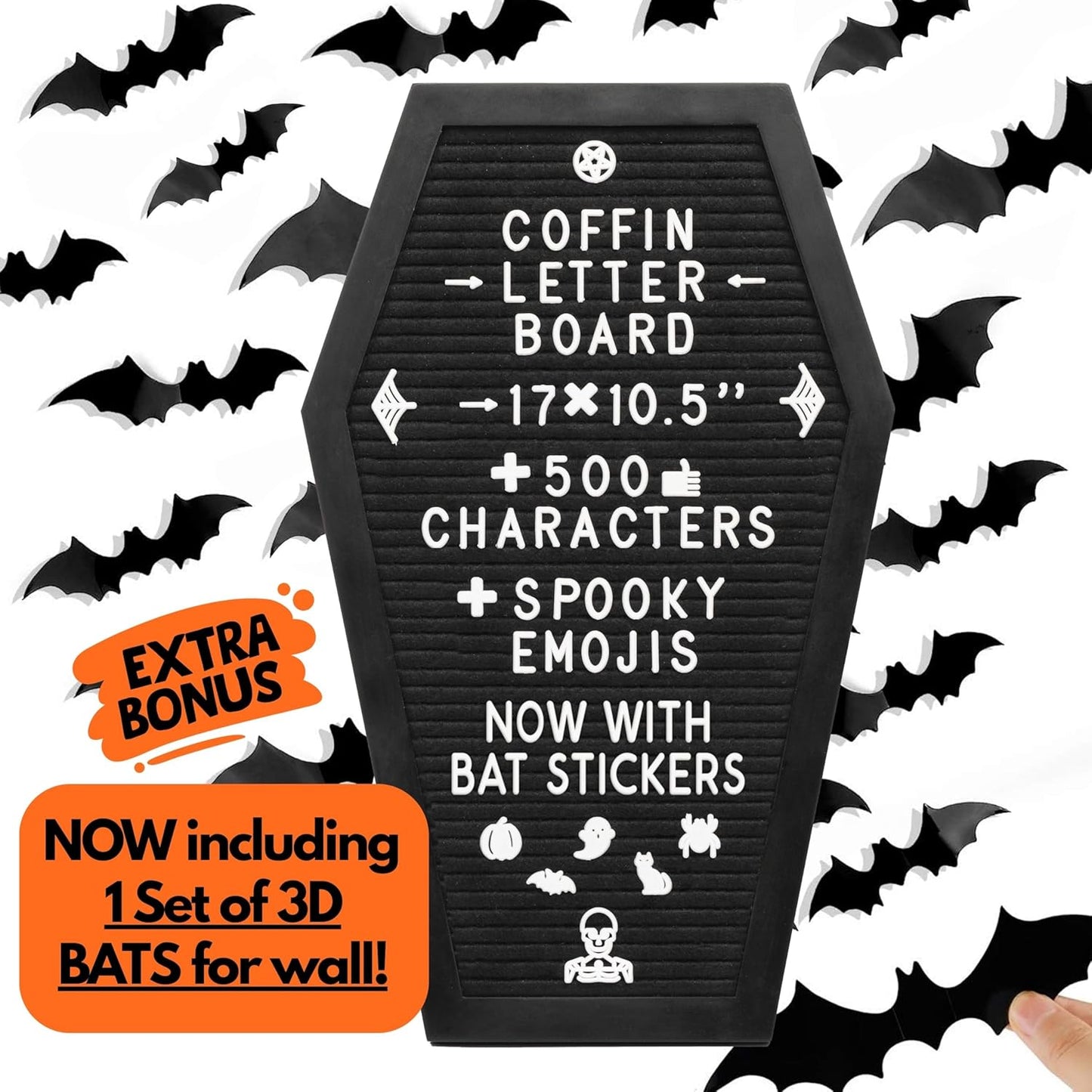 Gothic Coffin Letter Board with 3D Bat Stickers - 650 Characters & Spooky Emojis - Perfect for Halloween Decor, Weddings, Birthdays & Unique Gifts - 17x10.5 Inches