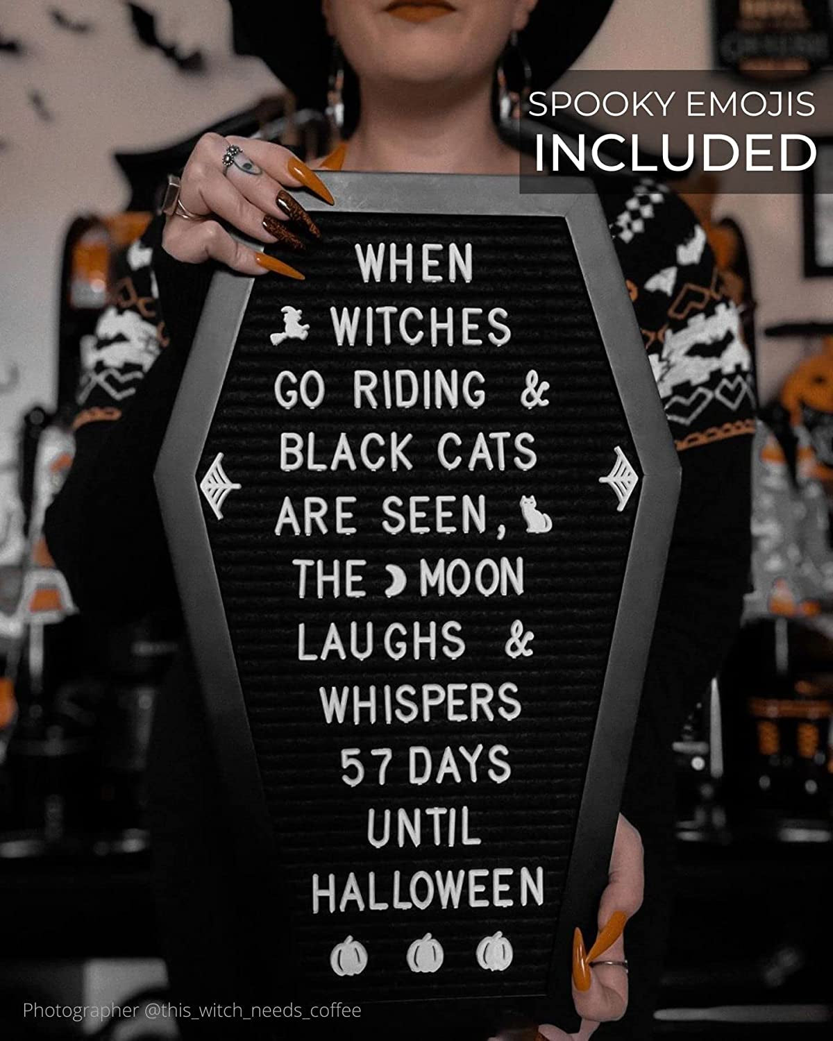 Gothic Coffin Letter Board with 3D Bat Stickers - 650 Characters & Spooky Emojis - Perfect for Halloween Decor, Weddings, Birthdays & Unique Gifts - 17x10.5 Inches