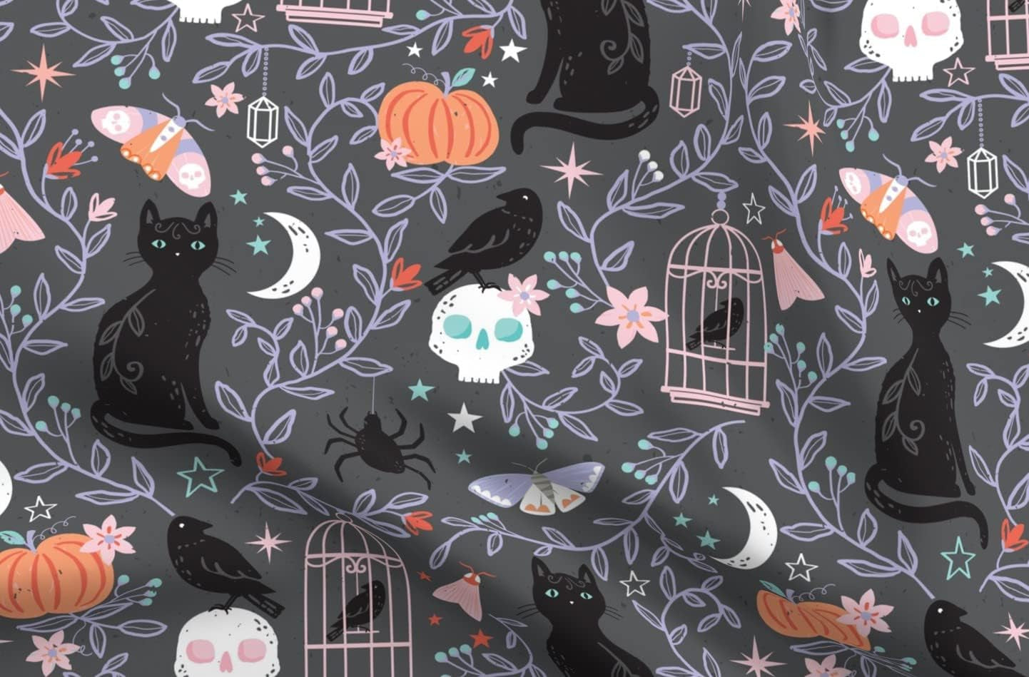 Spooktacularly Adorable Cotton for Crafty Grave Diggers - Where Skulls and Ravens Throw a Floral Fiesta!
