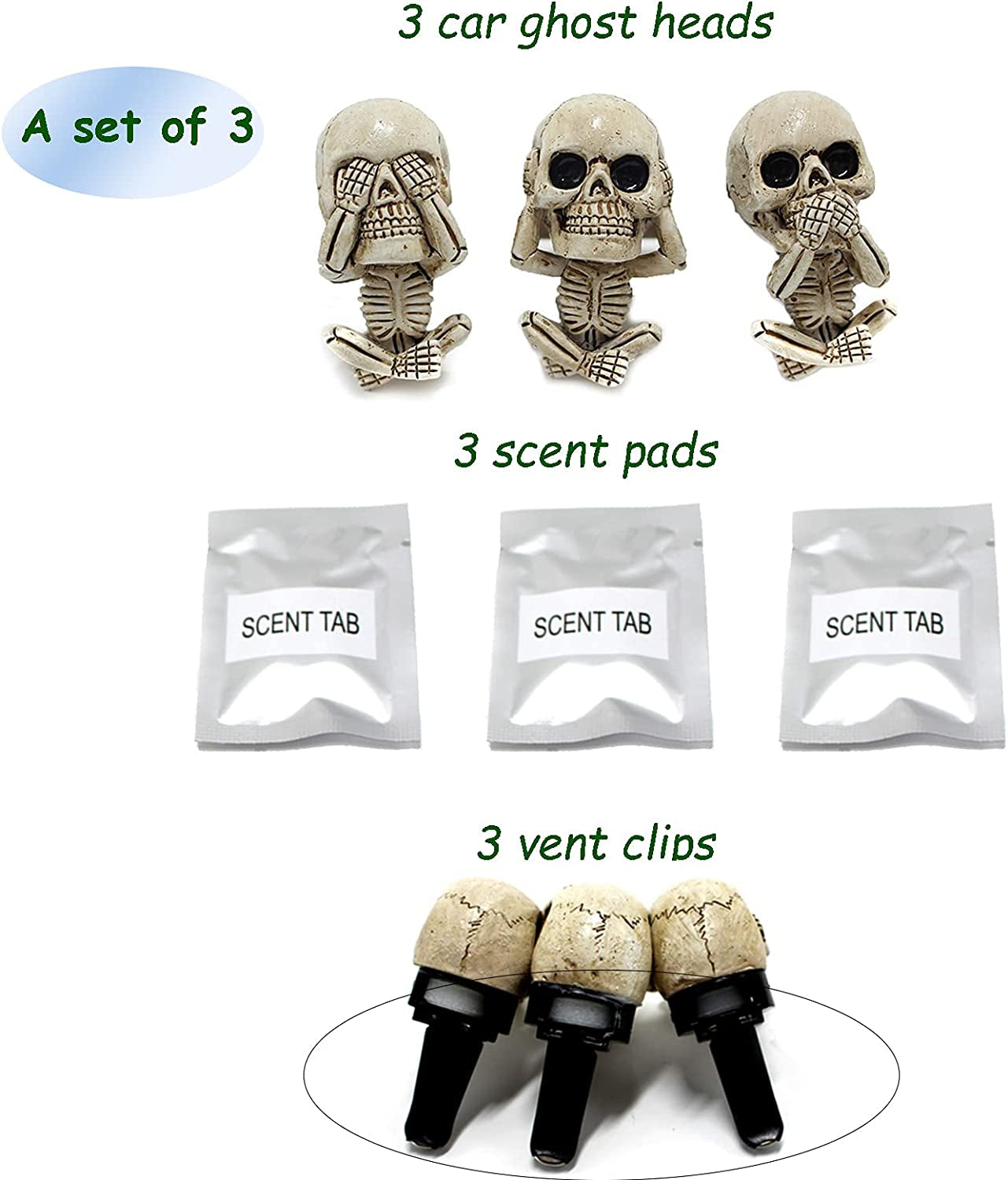 Skull Car Air Freshener Clips - 3 Pack Decorative Vent Accessories for Aromatherapy & Unique Gifts for Men/Women - Perfect for Thanksgiving & Christmas!
