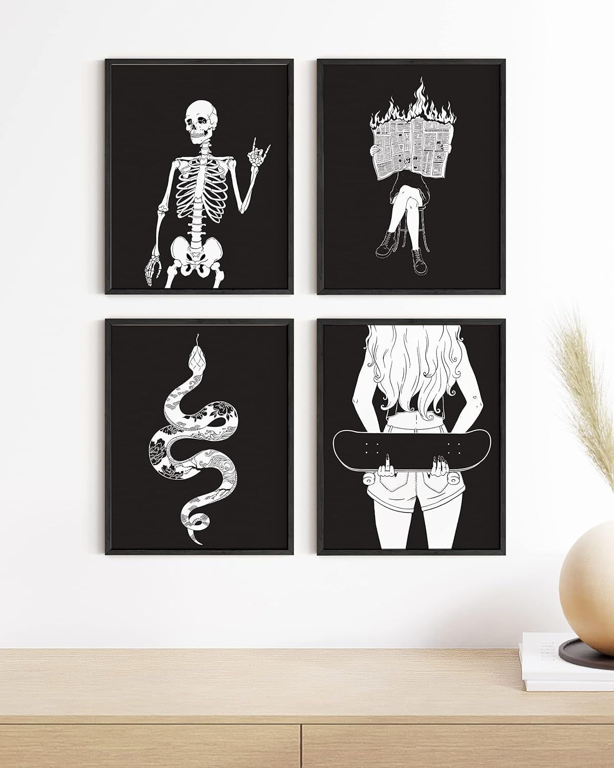 Gothic Wall Decor Set of 4 - Spooky Skeleton Art for Halloween & Black Party Decor (11x14, Unframed)