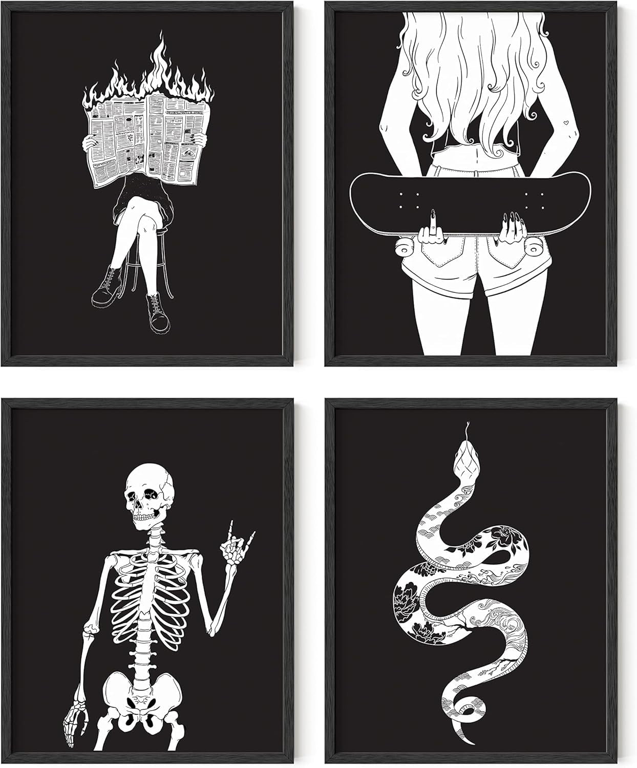 Gothic Wall Decor Set of 4 - Spooky Skeleton Art for Halloween & Black Party Decor (11x14, Unframed)