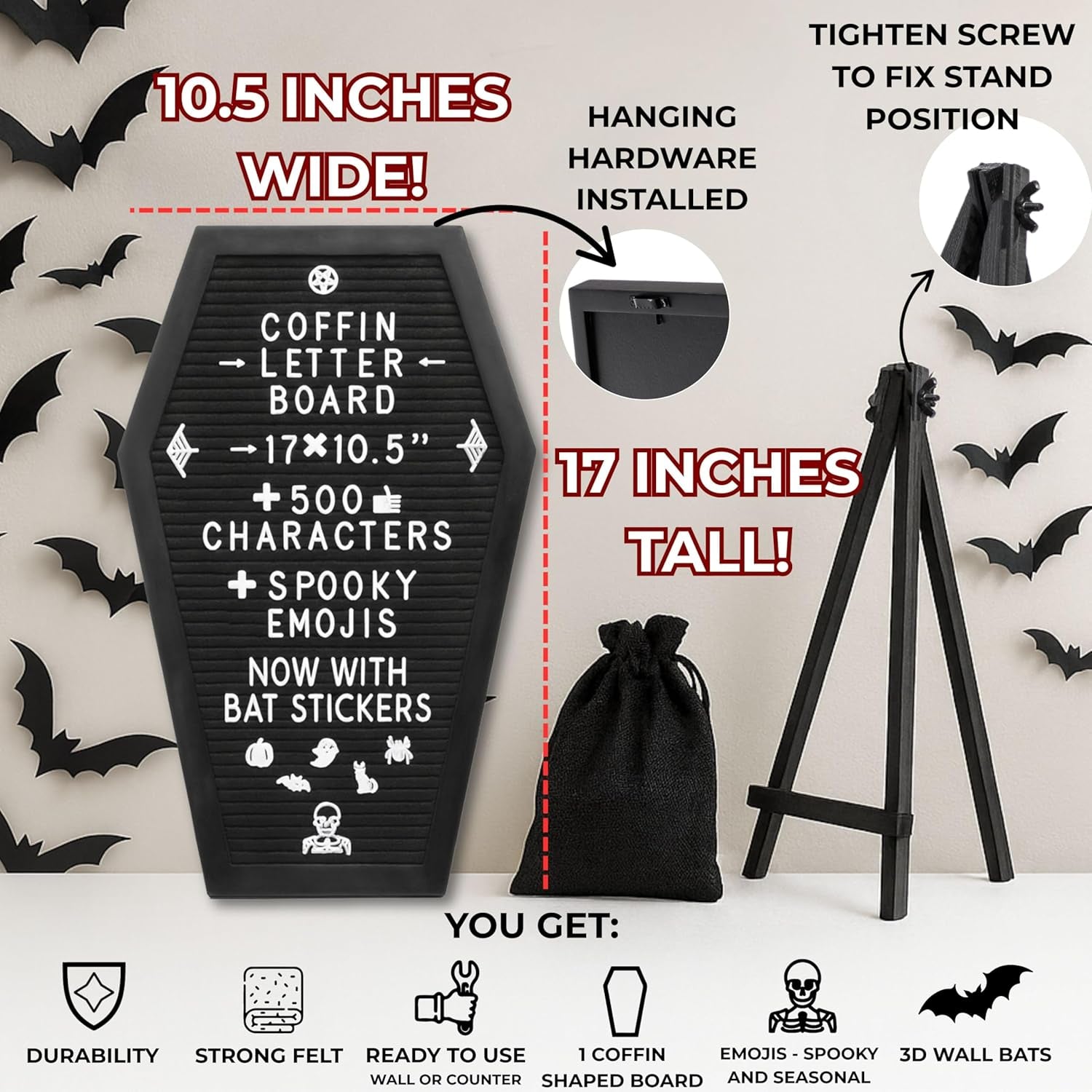 Gothic Coffin Letter Board with 3D Bat Stickers - 650 Characters & Spooky Emojis - Perfect for Halloween Decor, Weddings, Birthdays & Unique Gifts - 17x10.5 Inches