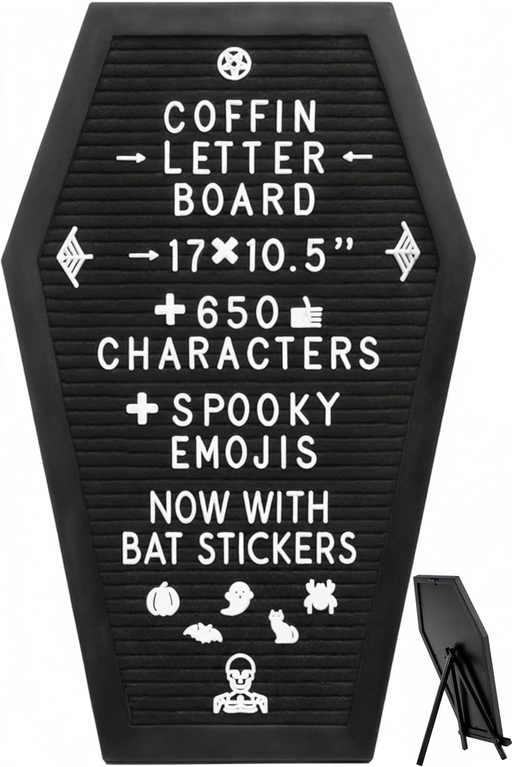 Gothic Coffin Letter Board with 3D Bat Stickers - 650 Characters & Spooky Emojis - Perfect for Halloween Decor, Weddings, Birthdays & Unique Gifts - 17x10.5 Inches