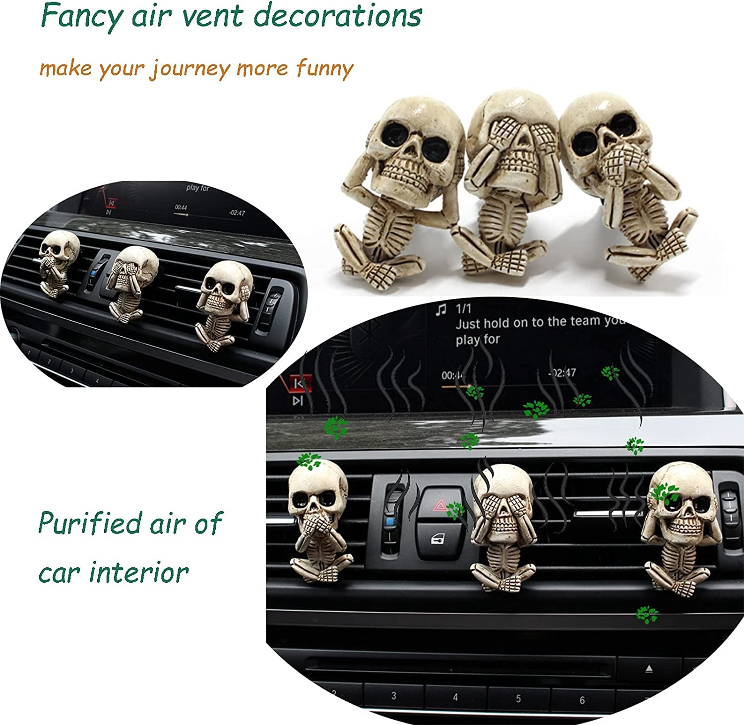 Skull Car Air Freshener Clips - 3 Pack Decorative Vent Accessories for Aromatherapy & Unique Gifts for Men/Women - Perfect for Thanksgiving & Christmas!