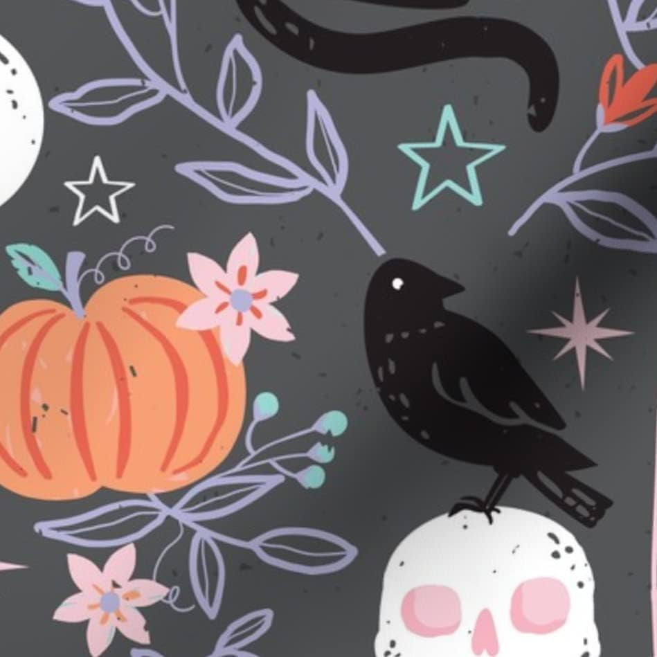 Spooktacularly Adorable Cotton for Crafty Grave Diggers - Where Skulls and Ravens Throw a Floral Fiesta!